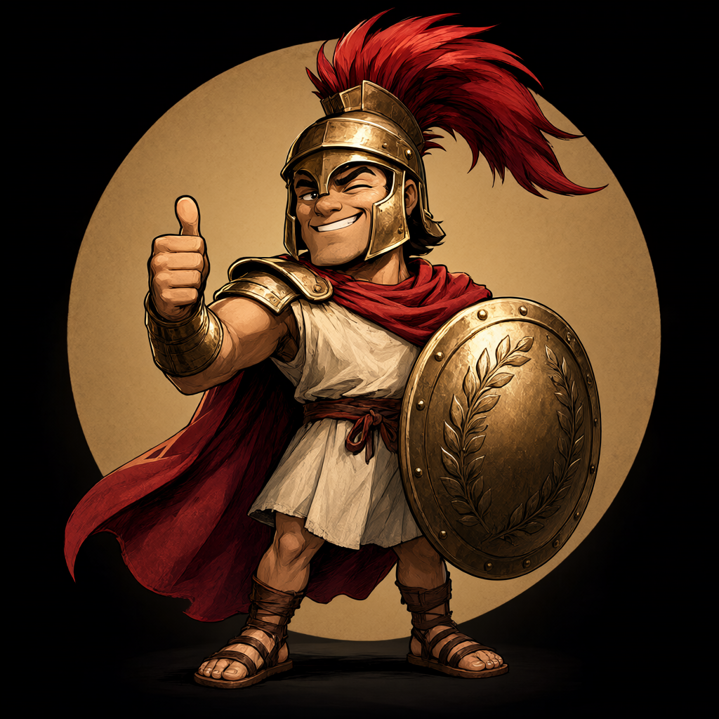 Grinning gladiator with an oversized bronze helmet, crimson plume and laurel shield, giving a thumbs-up